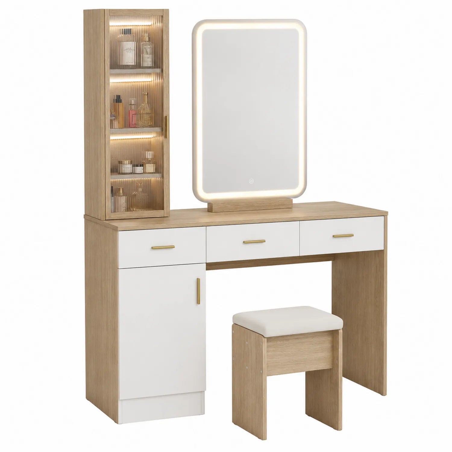 Frisiertisch-Set mit LED-Spiegel und Hocker aus MDF Holz in Weiß