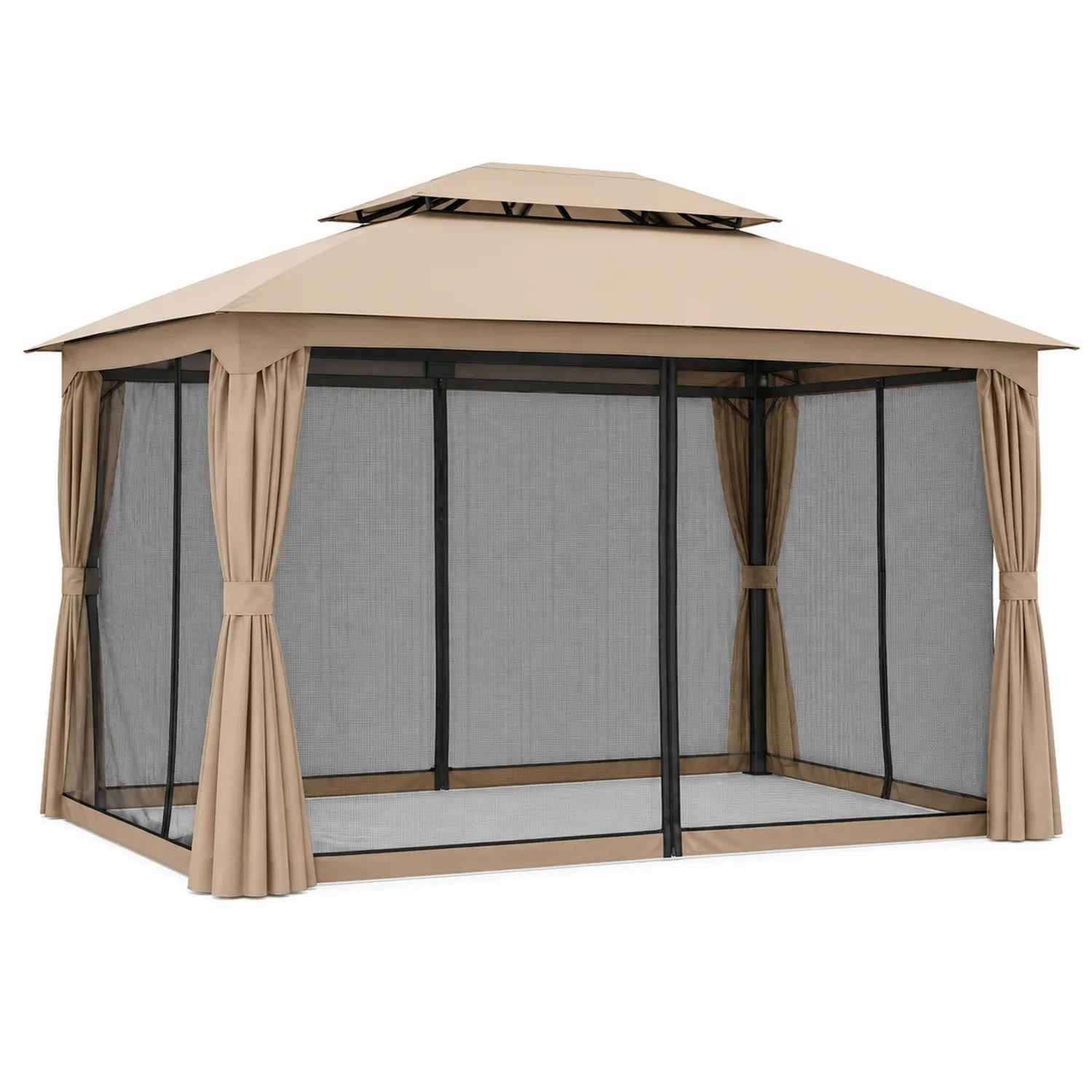 Pavillon mit Metallrahmen und Netzvorhängen Beige