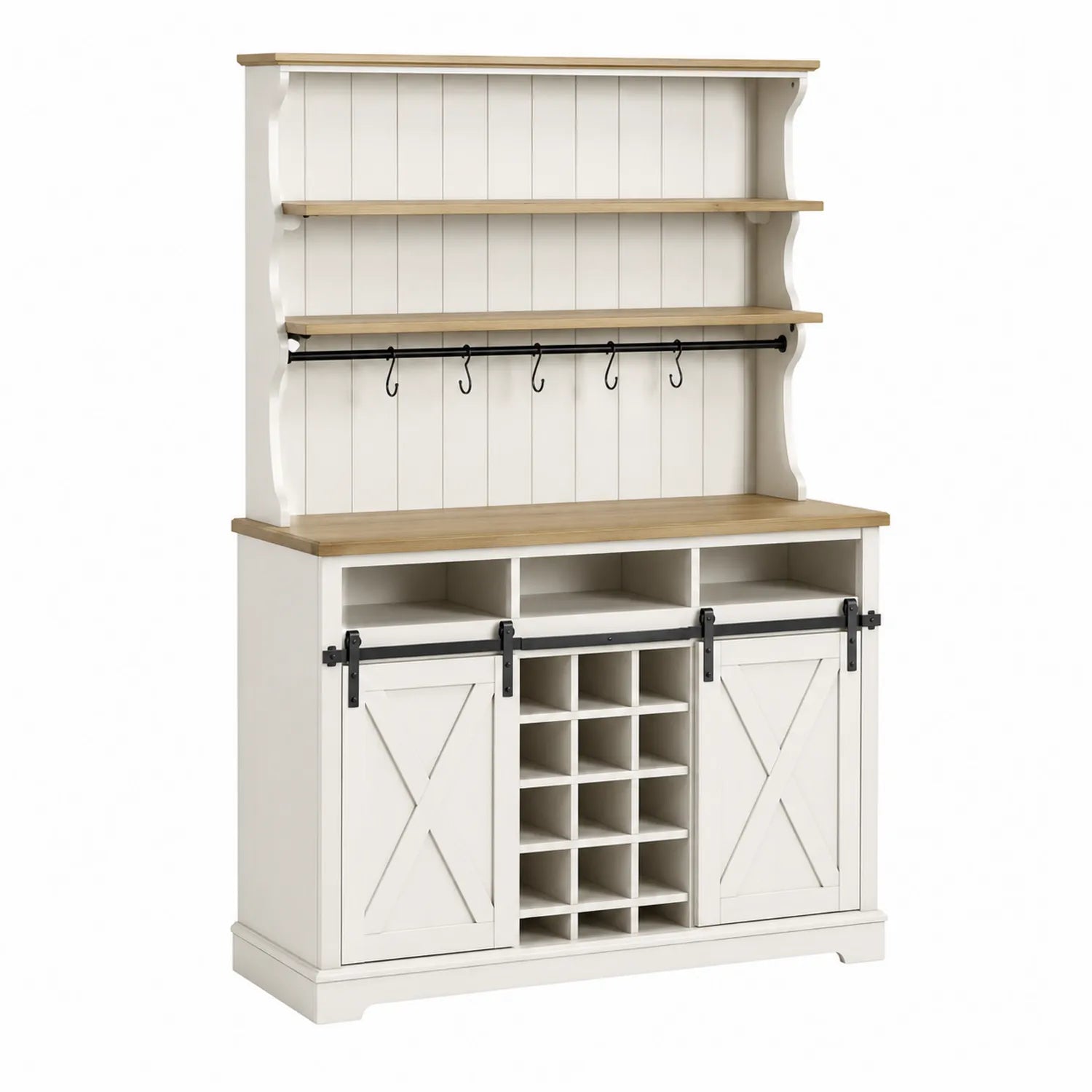Holzschrank mit Regalbrettern und Schiebetüren in Weiß und Naturholz