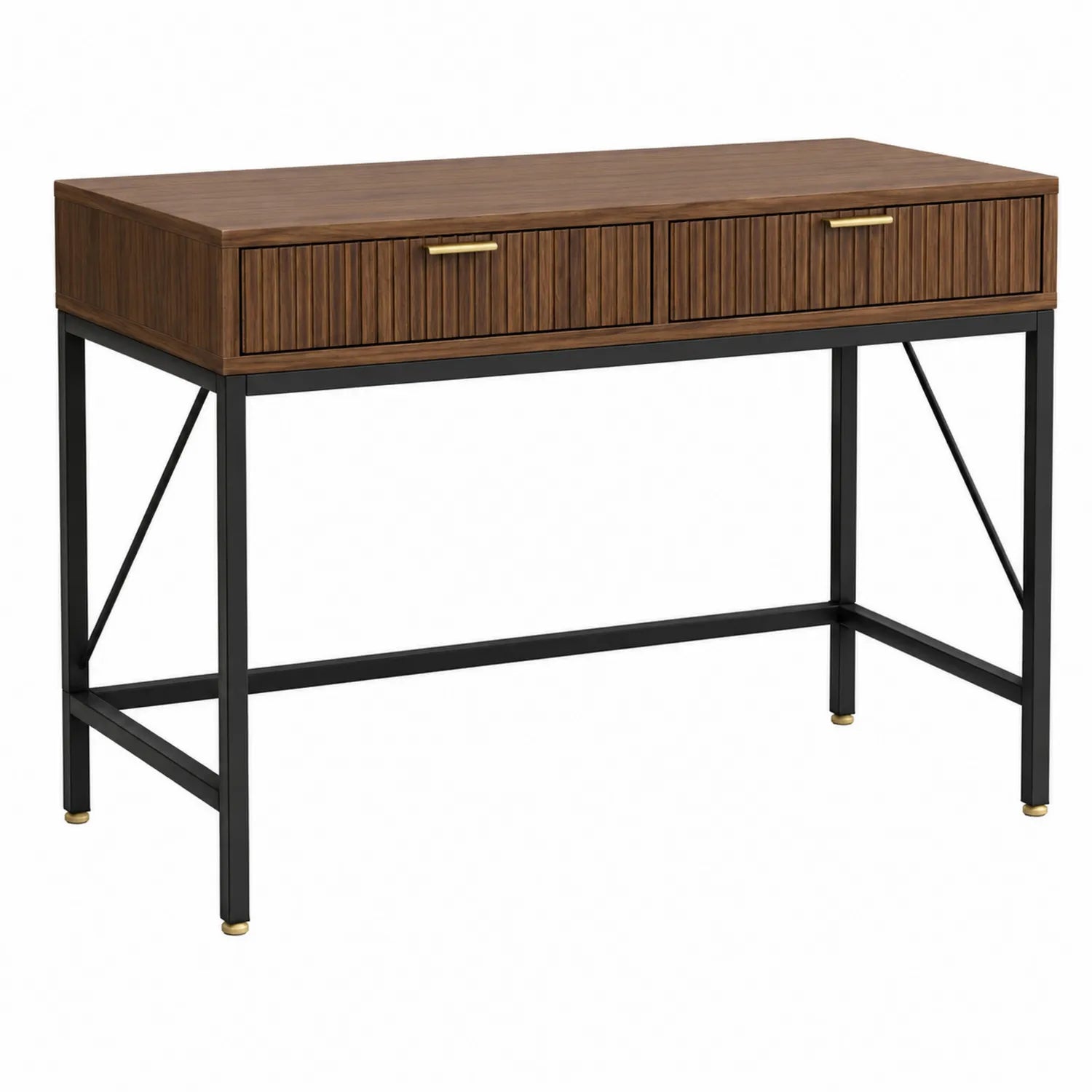 Schreibtisch aus Holz mit Metallgestell, Braun Schwarz, zwei Schubladen