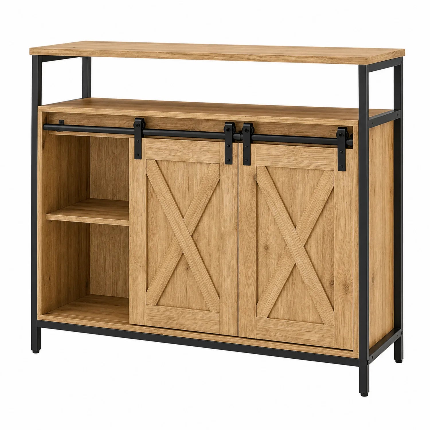 Sideboard aus Holzoptik mit Stahlrahmen, Eiche/Schwarz, 130x40x90cm